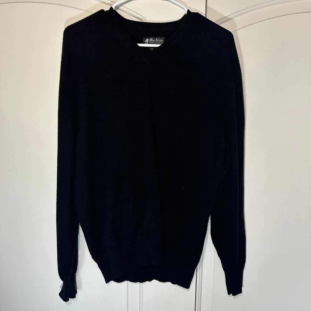 Mac Alan V-Neck Sweater Mens L Black 100% Pure Cashmere Made‎ in Scotland